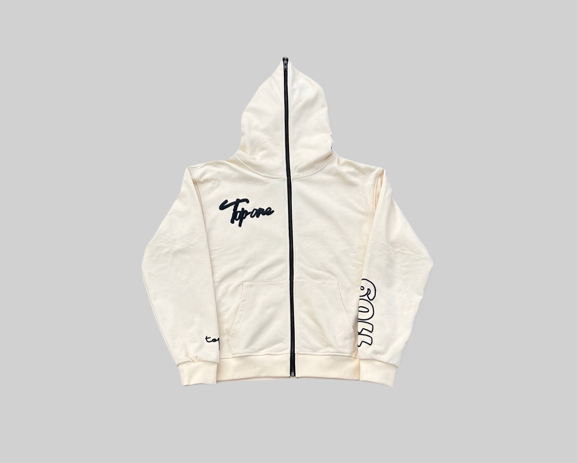 Front view of a premium cream full-zip hoodie by TopOne Clothing, designed for skaters and streetwear enthusiasts.
